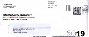 Scammer - Colorado SOS Certificate of Good Standing env 2019-12-07